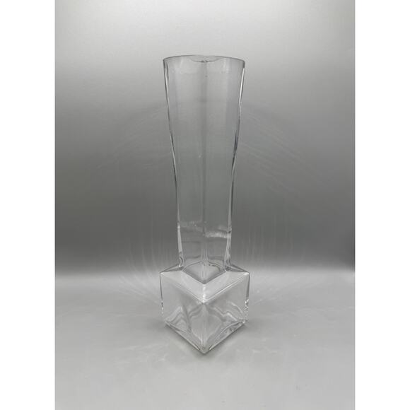 Vase Square Base Fluted Stem Clear Glass MCM Modernistic Clean Lines Vintage - Picture 1 of 8